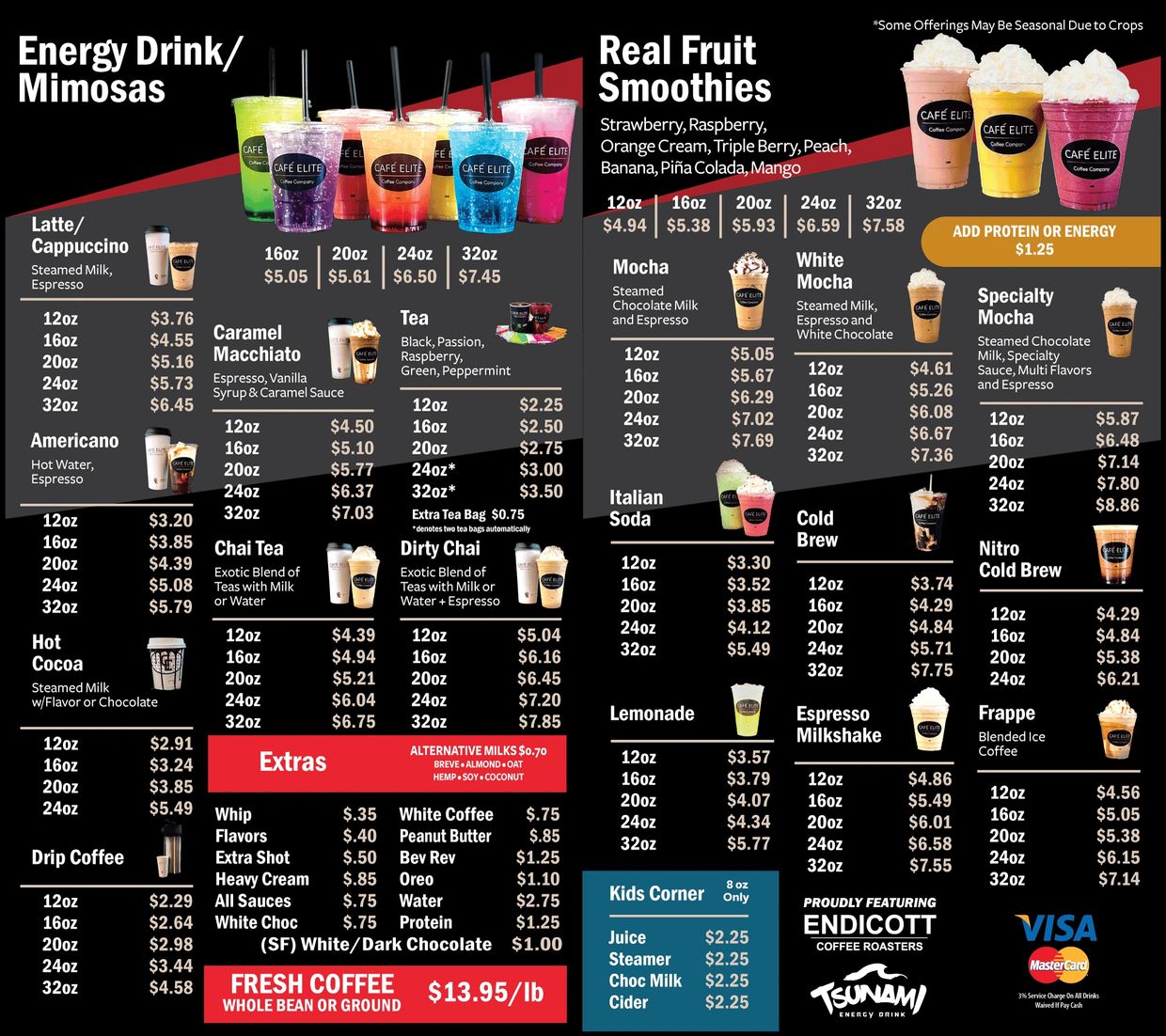 Cafe Elite Coffee Company Drink Menu, Menu, Pricing